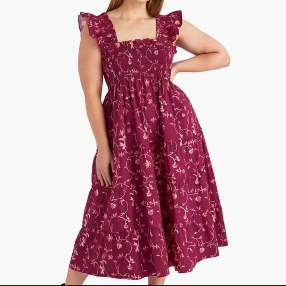 Hill House Ellie Nap Burgundy Botanical Dress with smock bodice Size 2XL